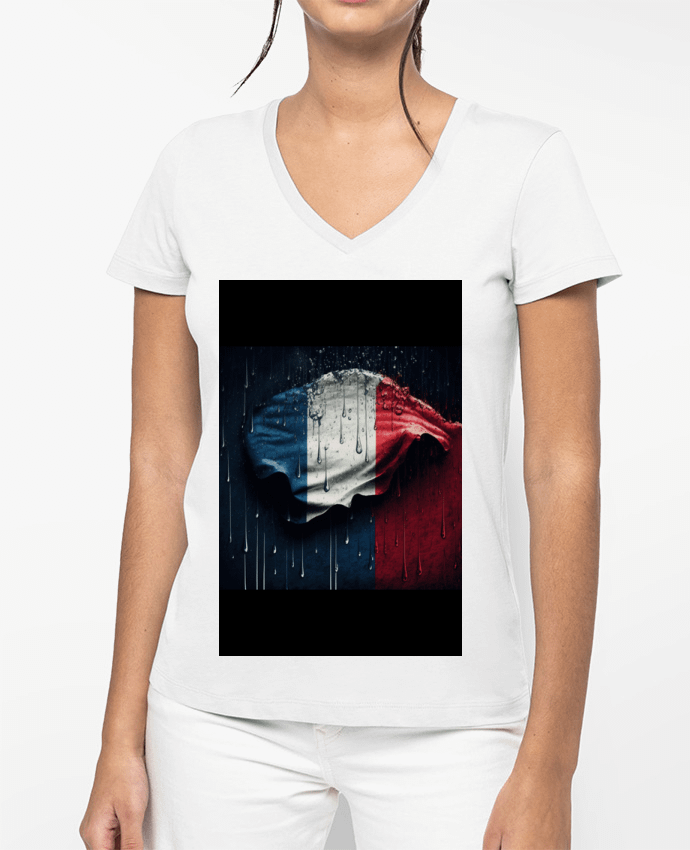 T-shirt femme col V Drapeau France sous la Pluie par NewDesignPhoto