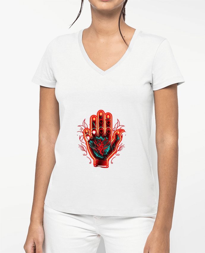 T-shirt femme col V ma main c est ma vie ,je peux rien toucher et pas gouter. par Nasa shop