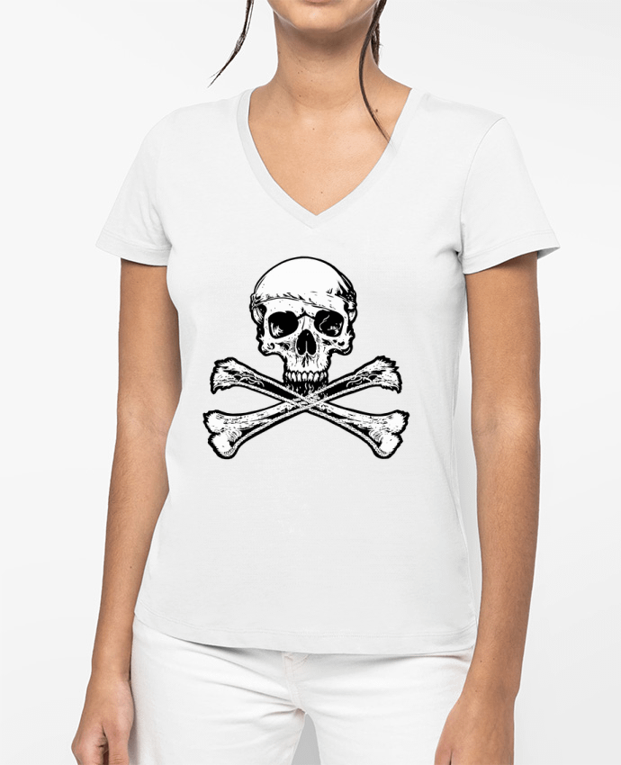 T-shirt femme col V Jolly Roger - Drapeau Pirate - Tête de Mort par Geronimo Gorilla SylverBack