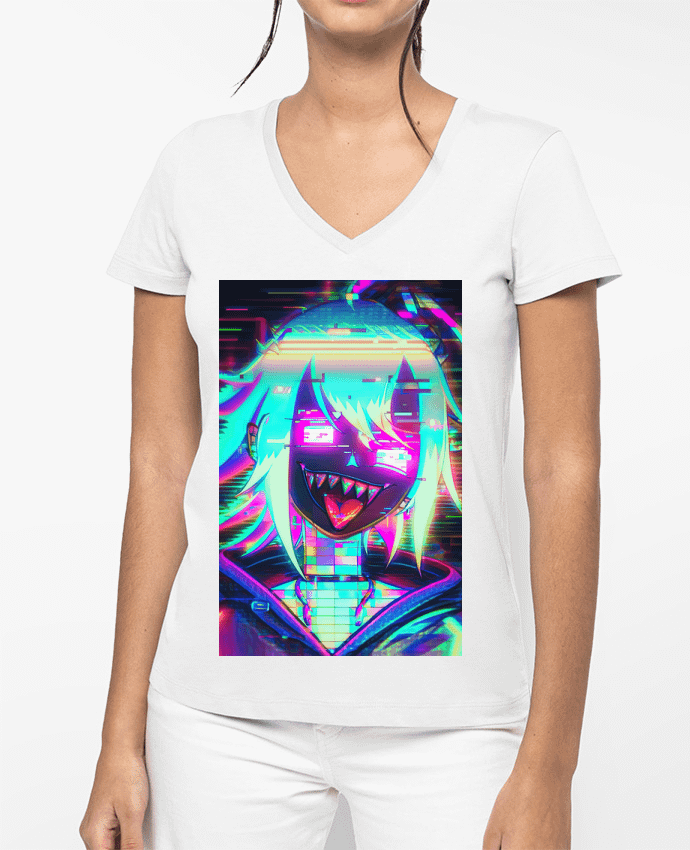 T-shirt femme col V Creepy Glitch Girl par MagicDesign