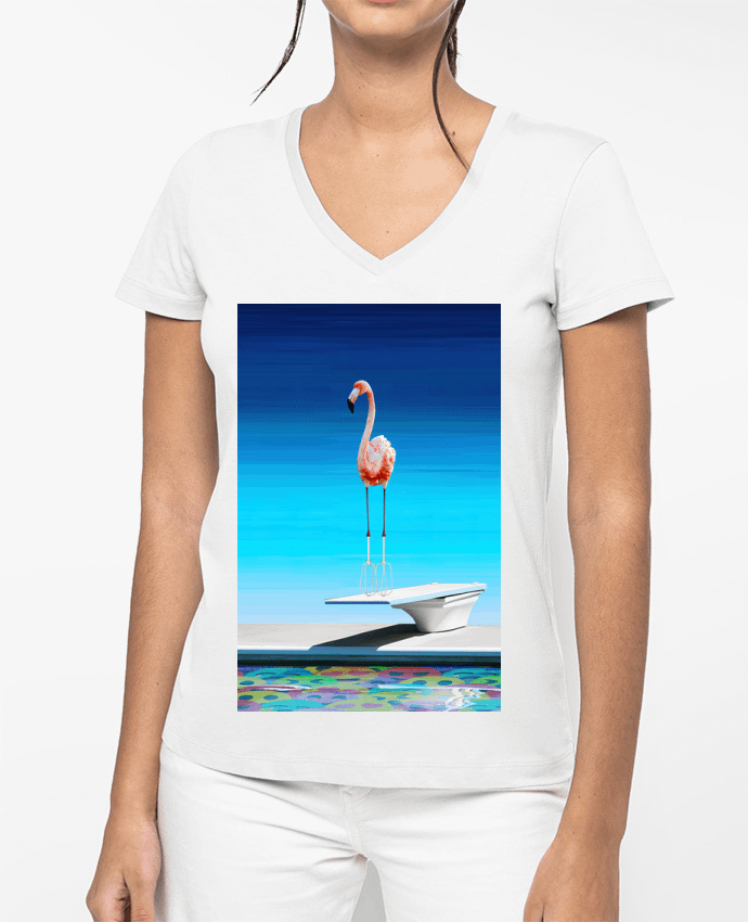 T-shirt femme col V Flamingo at the pool par MagicDesign