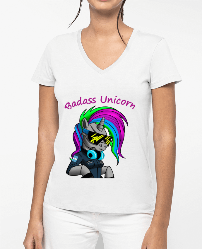 T-shirt femme col V Licorne Cyberpunk Badass par Le monde des licornes