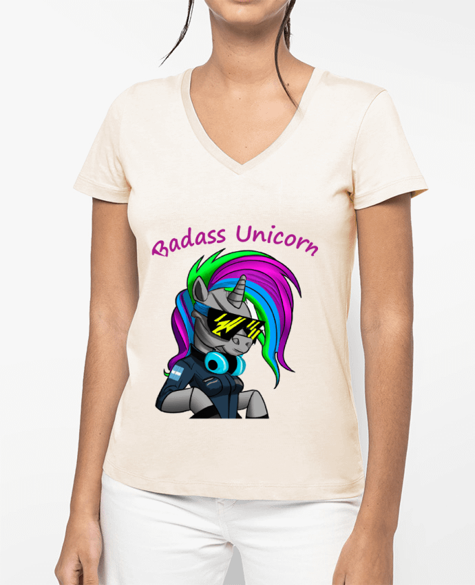 T-shirt femme col V Licorne Cyberpunk Badass par Le monde des licornes