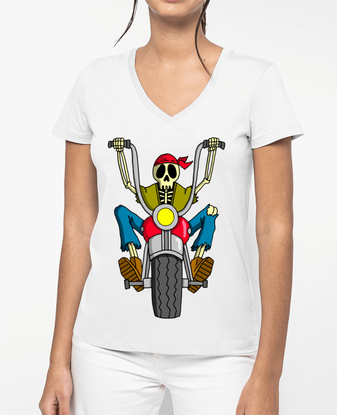 T-shirt femme col V Squelette motard par LAGUENY