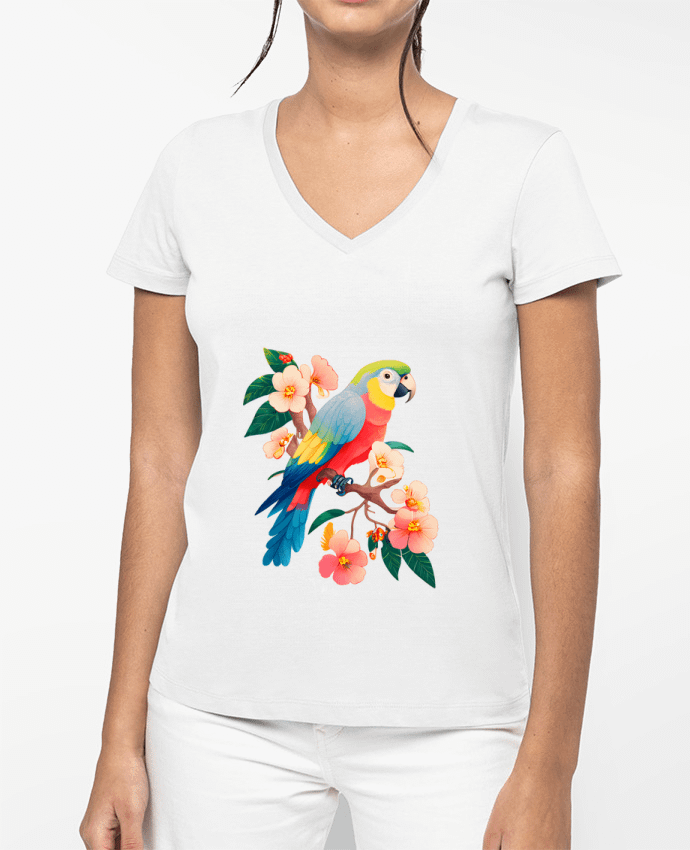 T-shirt femme col V perroquet fleurie par EliseDesign