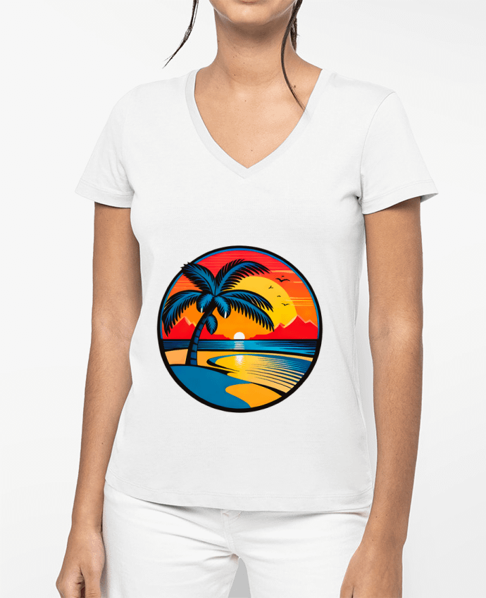 T-shirt femme col V plage palmier sable par EliseDesign