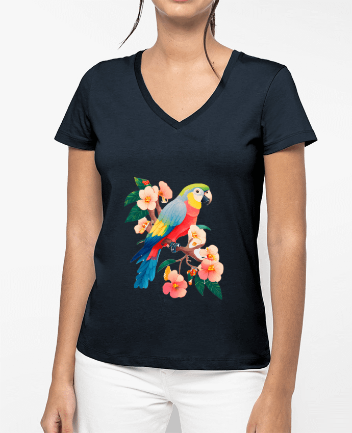 T-shirt femme col V perroquet fleurie par EliseDesign