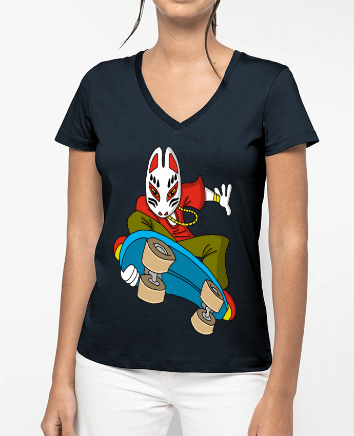 T-shirt femme col V Renard étrange en skateboard par LAGUENY