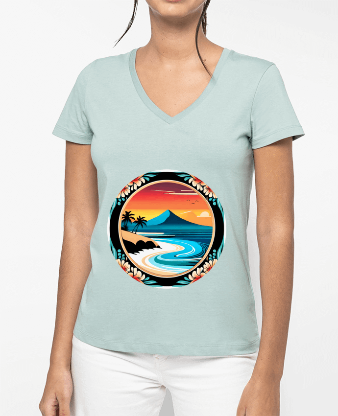 T-shirt femme col V plage fleurie par EliseDesign