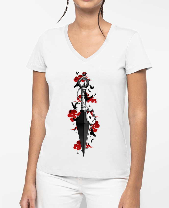T-shirt femme col V Kunai nuages rouges corbeaux - Japonais par LM2Kone