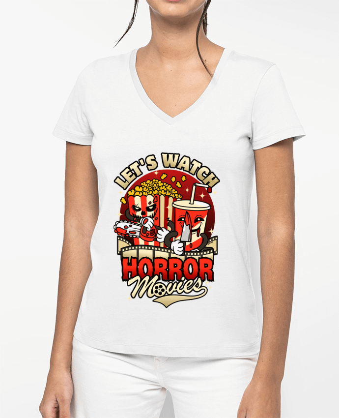 T-shirt femme col V Regardons des films d'horreur - Collations par LM2Kone