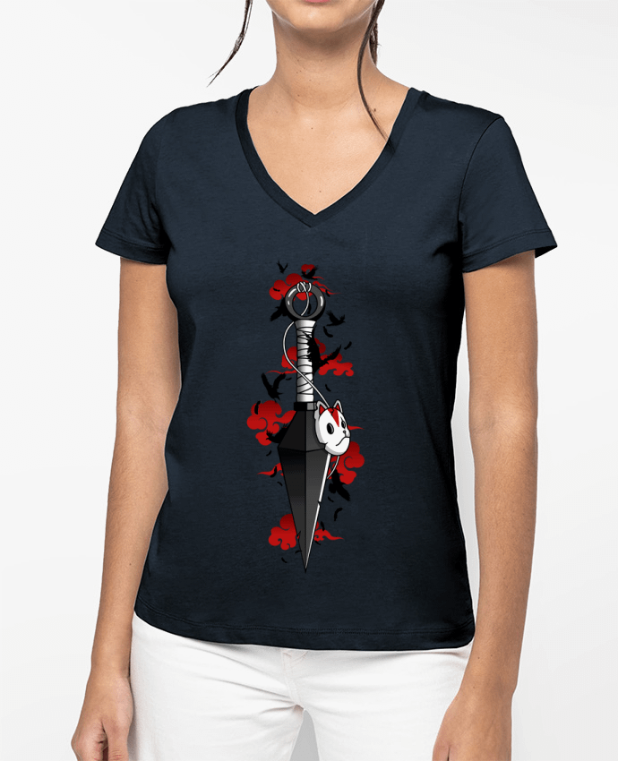 T-shirt femme col V Kunai nuages rouges corbeaux - Japonais par LM2Kone