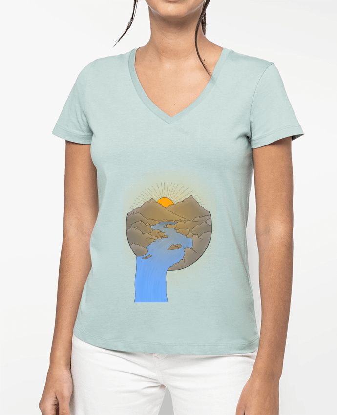 T-shirt femme col V Paysage par Sazuka