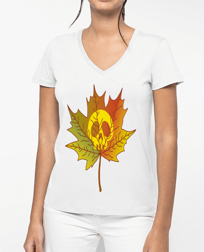 T-shirt femme col V Crâne et feuille morte par LAGUENY