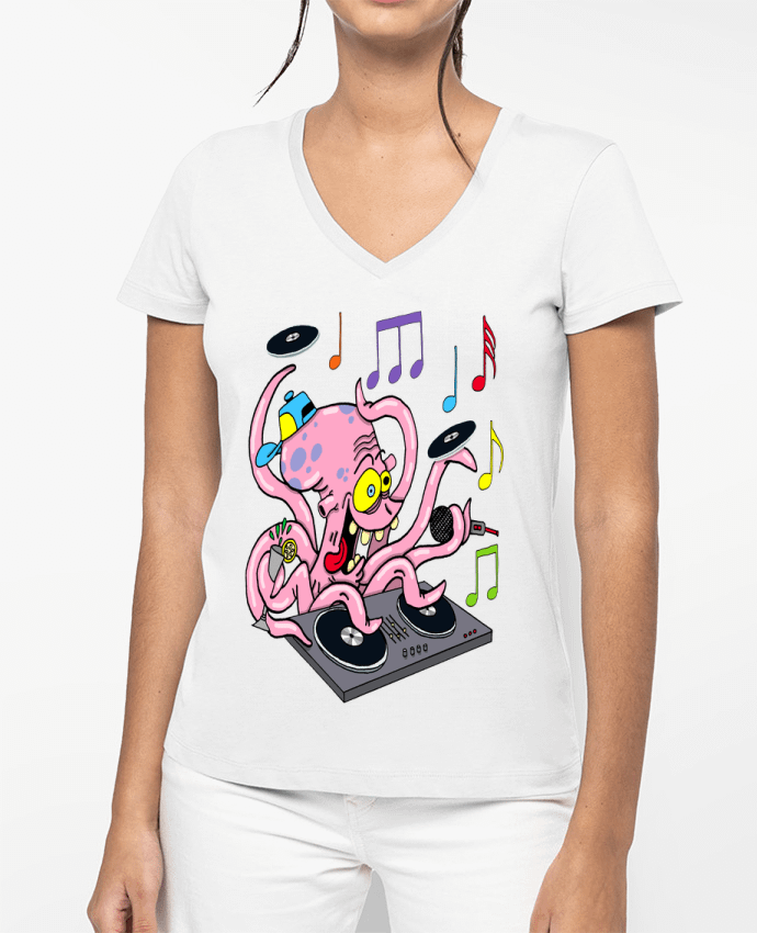 T-shirt femme col V Pieuvre deejay par LAGUENY