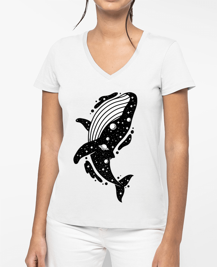 T-shirt femme col V Baleine cosmique par LM2Kone