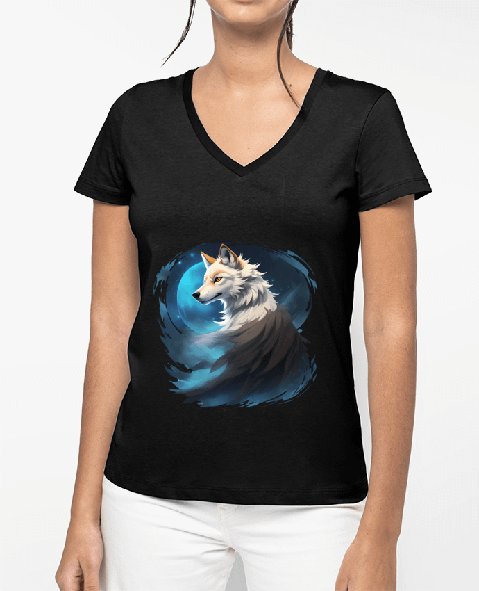 T-shirt femme col V La Lueur du Loup : Entre Ténèbres et Mystère par ALXCOOZ1 DESIGN