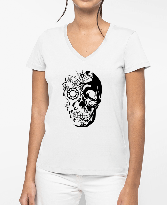 T-shirt femme col V Tête de mort jour des morts par Lamouchenoire