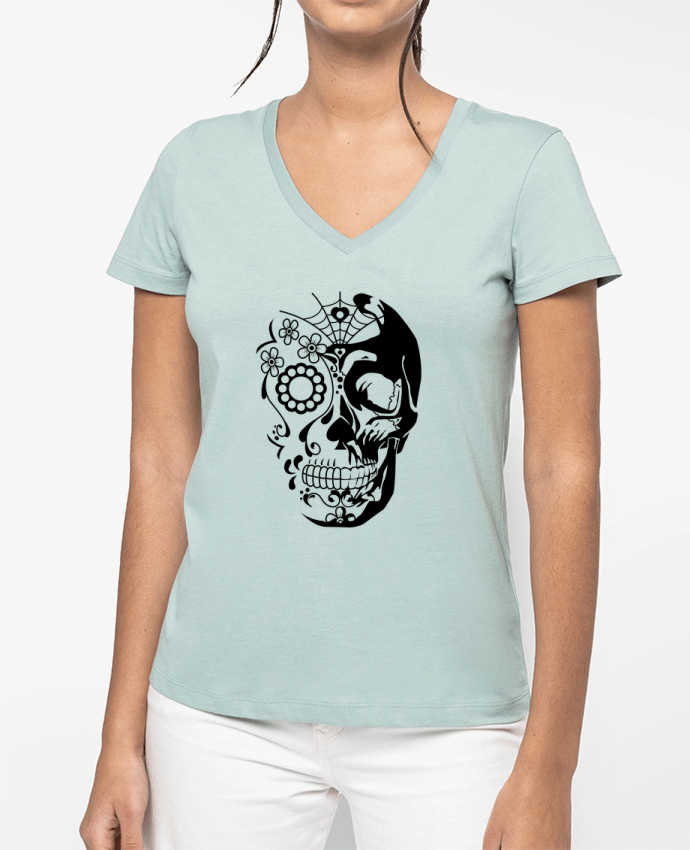 T-shirt femme col V Tête de mort jour des morts par Lamouchenoire