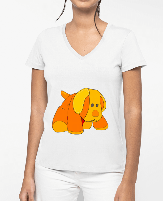 T-shirt femme col V Petit chien doudou en peluche par Bief Designs.