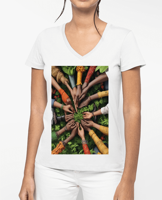 T-shirt femme col V Main dans la Main : L'Union en Action par Joar