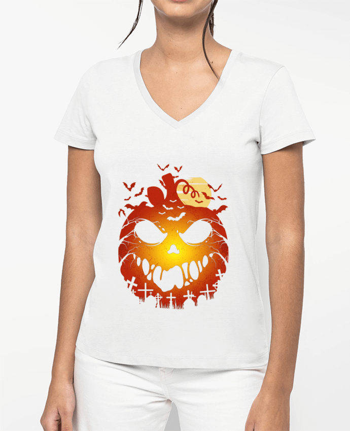 T-shirt femme col V Halloween Scary Pumpkin par LM2Kone