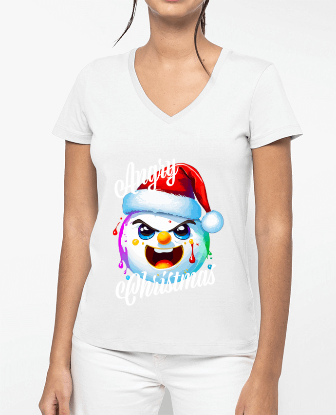 T-shirt femme col V Boule de Neige en colère. Angry Christmas par Featheart