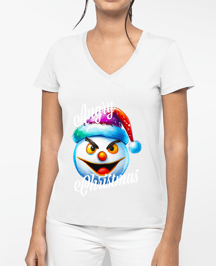 T-shirt femme col V Emoji Neige en colère. Angry Christmas par Featheart