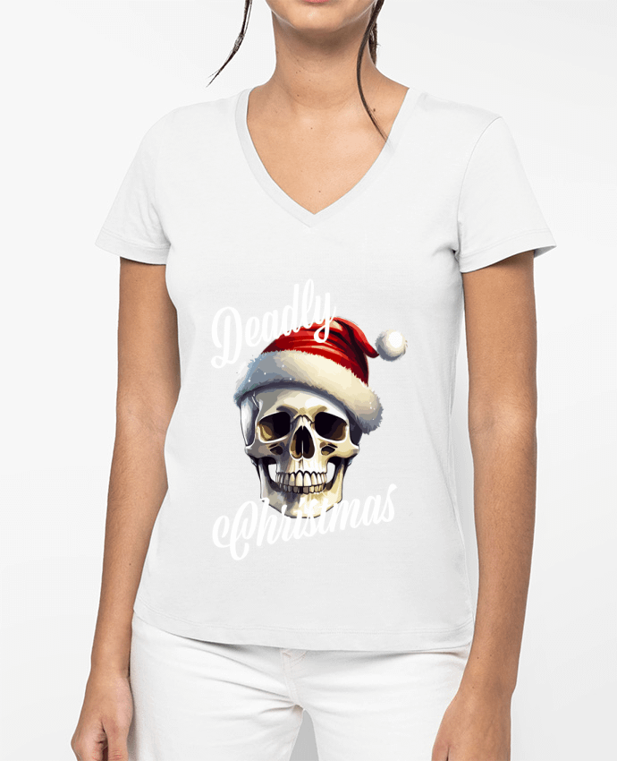 T-shirt femme col V Skull Noël. Deadly Christmas par Featheart