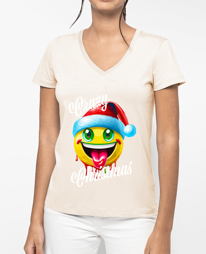 T-shirt femme col V Emoji Noël tire la langue. Crazy Christmas par Featheart