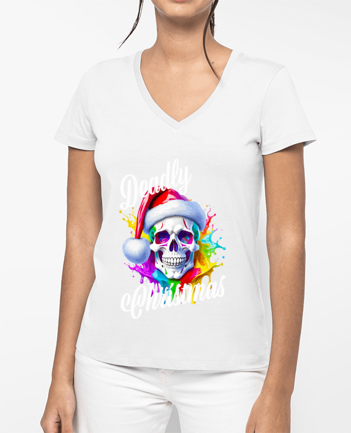 T-shirt femme col V Skull Noël couleur. Deadly Christmas par Featheart