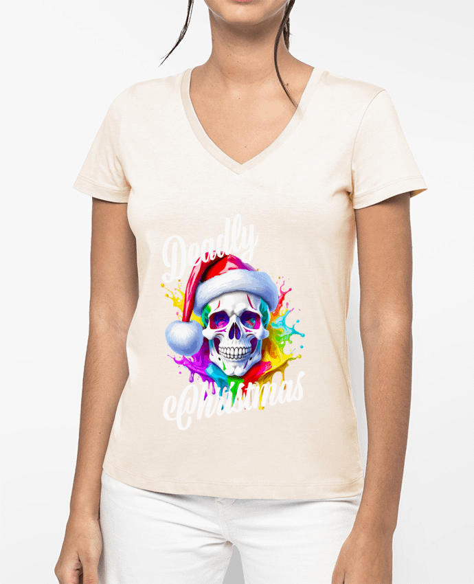 T-shirt femme col V Skull Noël couleur. Deadly Christmas par Featheart