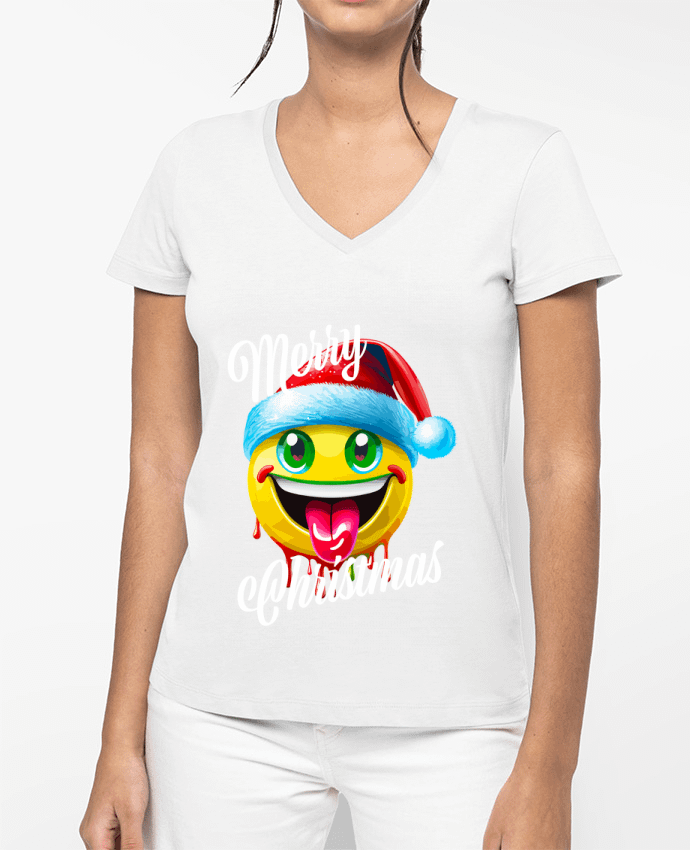 T-shirt femme col V Emoji Noël tire la langue. Merry Christmas par Featheart