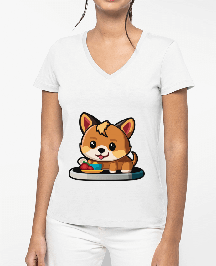 T-shirt femme col V Chiot Heureux à l'Heure du Repas par Alvo graphiste