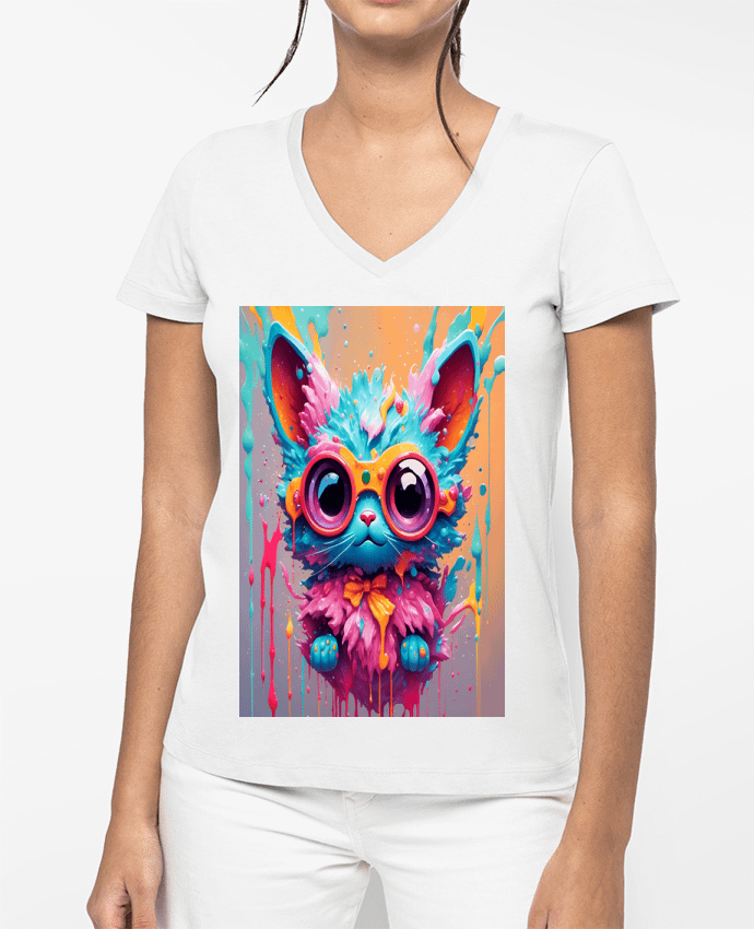 T-shirt femme col V Cute cat with paint par matlmn01