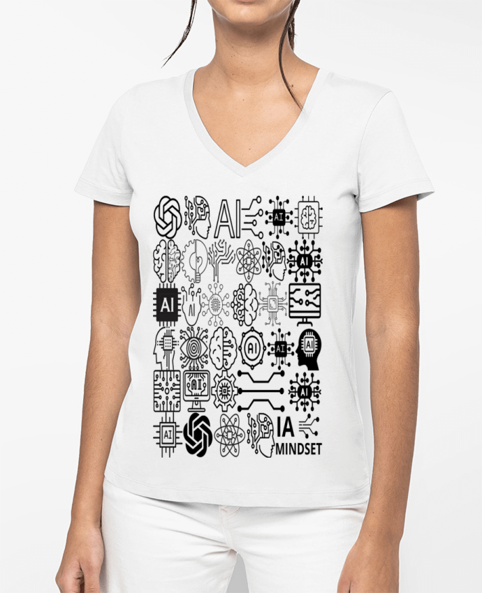 T-shirt femme col V INTELLIGENCE ARTIFICIELLE MOTIF NOIR ET BLANC IA MINDSET AI par LIAMRIVIERART