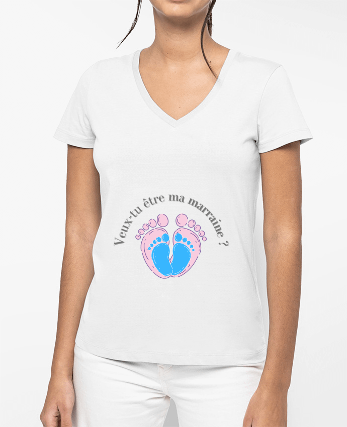 T-shirt femme col V Veux-tu être ma marraine ? par MJDesign