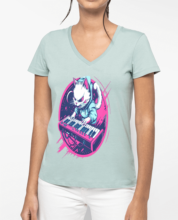 T-shirt femme col V SYNTH CAT ELECTRO-POP par PhilK