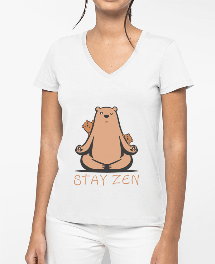 T-shirt femme col V ours yoga zen par Bertrand CutOriginalArt