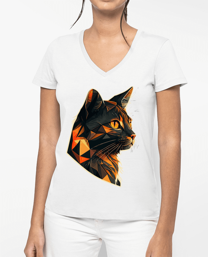 T-shirt femme col V Illustration de Chat stylisé par KronoArt