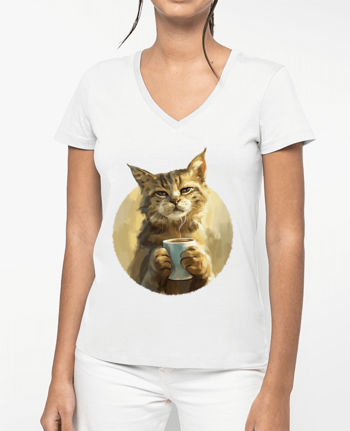 T-shirt femme col V Illustration de Chat avec sa tasse de café par KronoArt