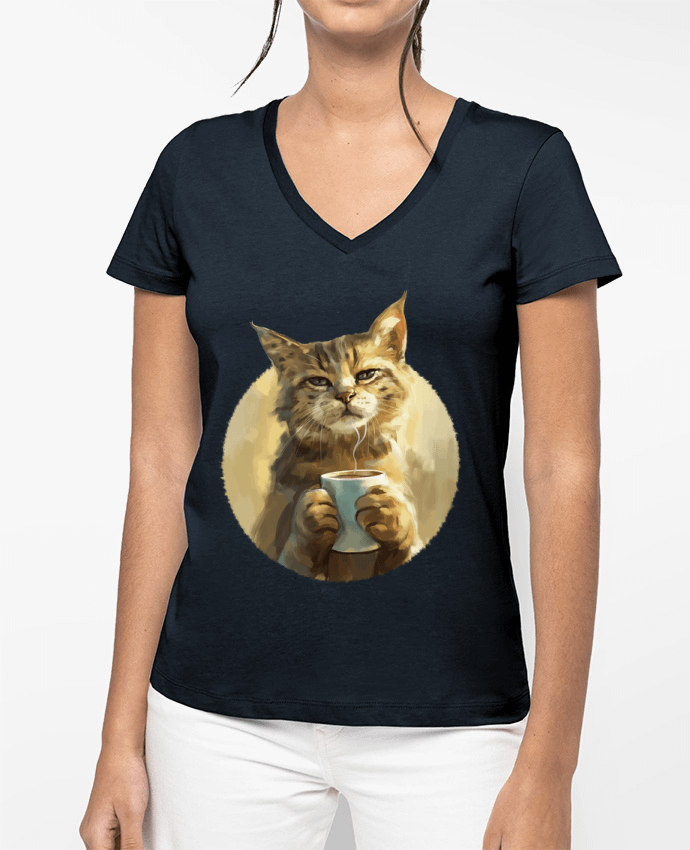 T-shirt femme col V Illustration de Chat avec sa tasse de café par KronoArt