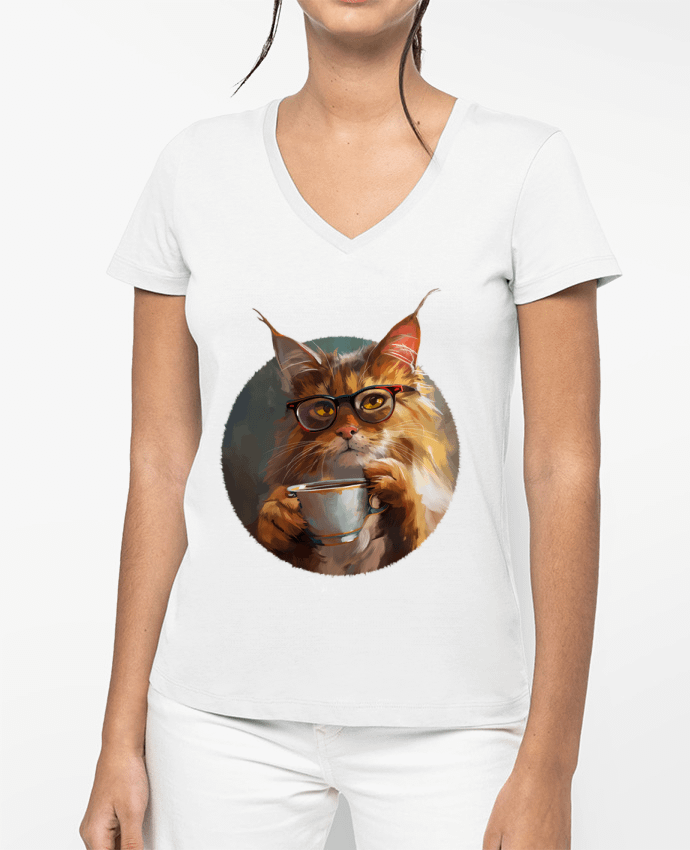 T-shirt femme col V Illustration de Chat avec sa tasse de café par KronoArt