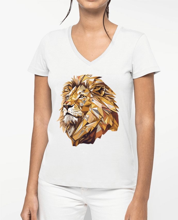 T-shirt femme col V Lion stylisé, Géométrique par KronoArt