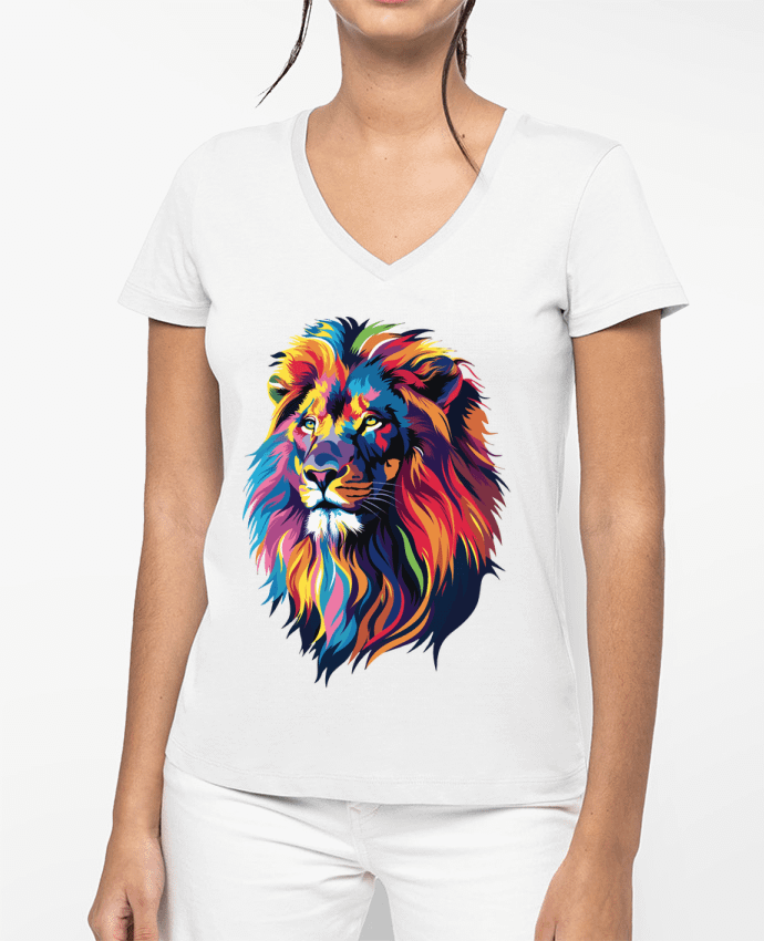 T-shirt femme col V Illustration de Lion stylisé par KronoArt