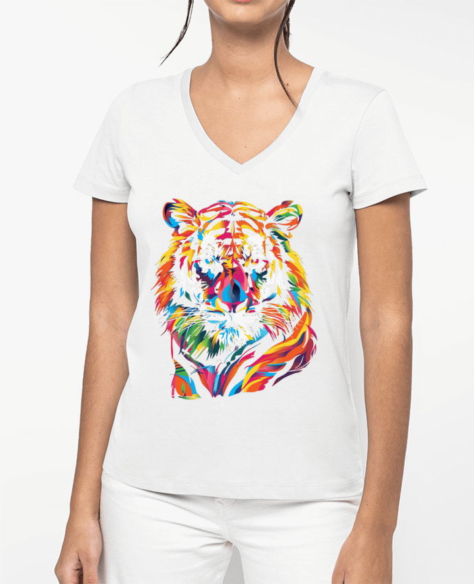 T-shirt femme col V Illustration de Tigre stylisé par KronoArt
