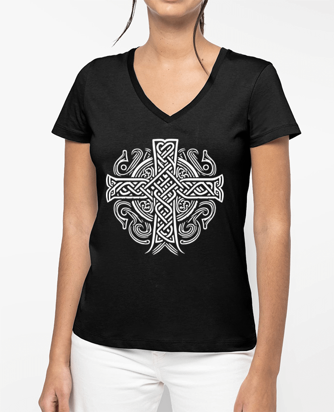 T-shirt femme col V Croix Celtique par KronoArt