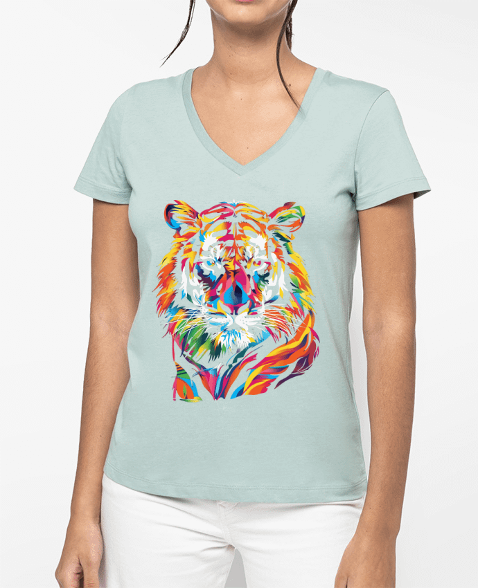 T-shirt femme col V Illustration de Tigre stylisé par KronoArt