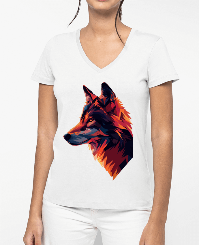 T-shirt femme col V Illustration de Loup stylisé par KronoArt