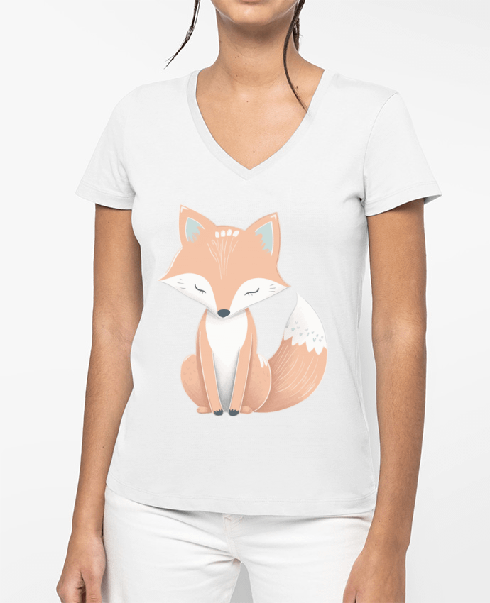 T-shirt femme col V Renard stylisé par KronoArt